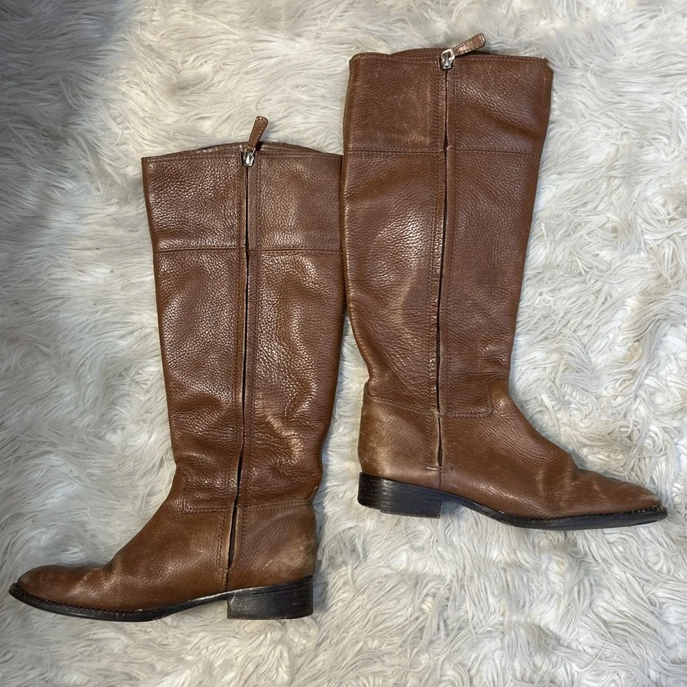Tory Burch‎ Jolie Tall Pebbled Leather Riding Boots Gold Logo Brown 7.5 Read